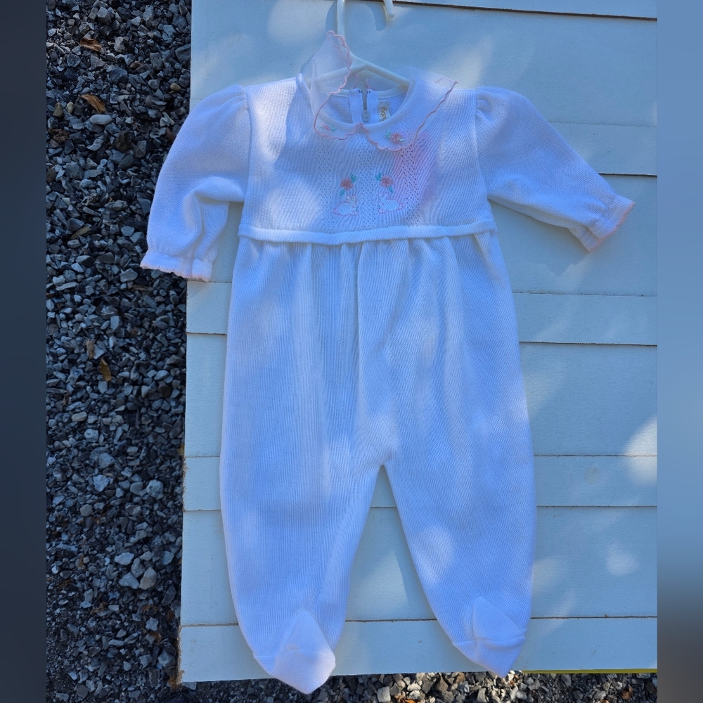 Vintage White and Pink Kids Footie With Bunnies